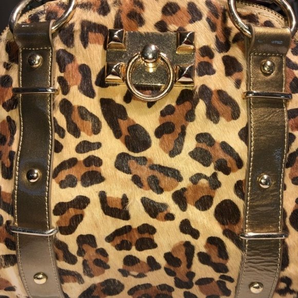 Betsey Johnson Vintage Leopard Print Fur and Metallic Gold Large Shoulder Bag - Picture 8 of 14